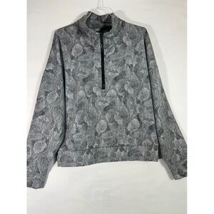 KYODAN OUTDOOR Women's Leaf Print Pullover Sweater 1/4 Zip Nature Black White LG